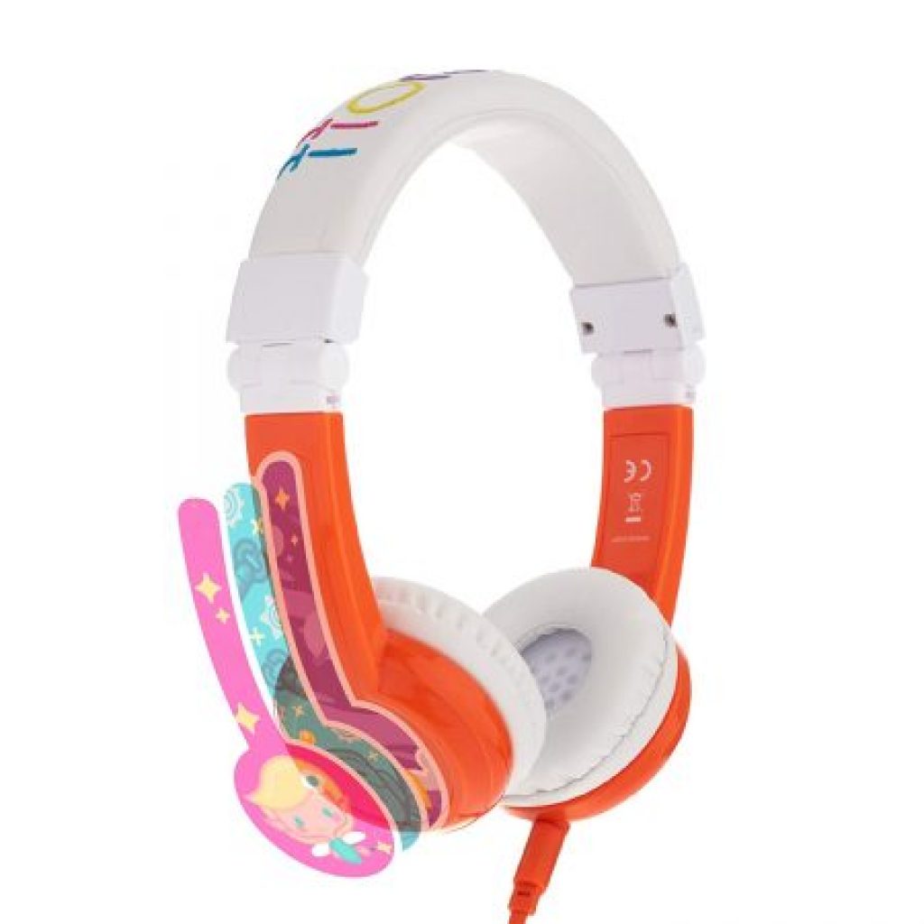 audifonos de diadema para niñas y niños con reduccion de ruido marca onanoff color blanco con naranja